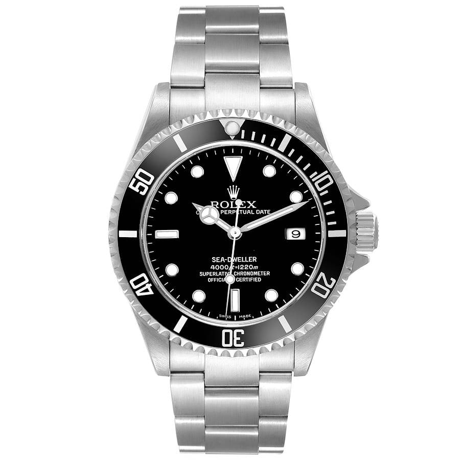 Rolex 16600 Sea-Dweller Oyster Bracelet Black Dial Watch Papers 2000: Rolex 16600 Sea-Dweller Oyster Bracelet Black Dial Watch Papers 2000 The Rolex Sea-Dweller features a black dial, aluminum bezel, and an Oyster bracelet. This men's timepiece is part of the Sea-Dwelle