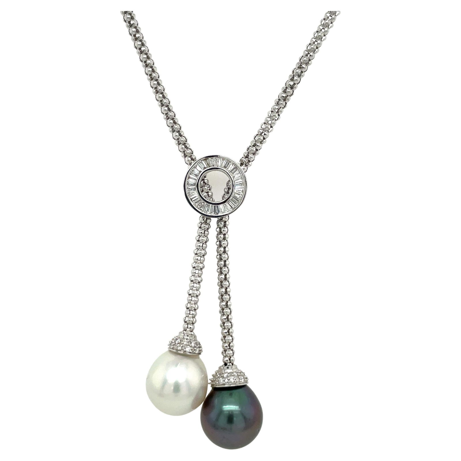 Harbor Diamonds 18K White Gold Pearl Diamond Lariat 0.61ct 12-13MM: Harbor Diamonds 18K White Gold Pearl Diamond Lariat 0.61ct 12-13MM This exquisite 18 Karat White Gold Lariat showcases a stunning combination of one South Sea Pearl and one Tahitian Pearl, both measur
