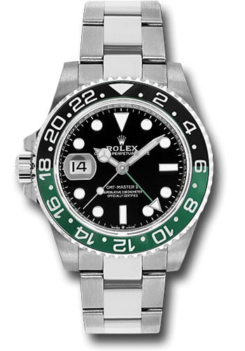 Rolex 126720VTNR GMT-Master II Sprite Black Dial Oyster Bracelet 2022 Card: Rolex 126720VTNR GMT-Master II Sprite Black Dial Oyster Bracelet 2022 Card This is a men's Rolex GMT-Master II "Sprite" wristwatch, featuring a black dial, ceramic bezel, and Oyster bracelet. The watc
