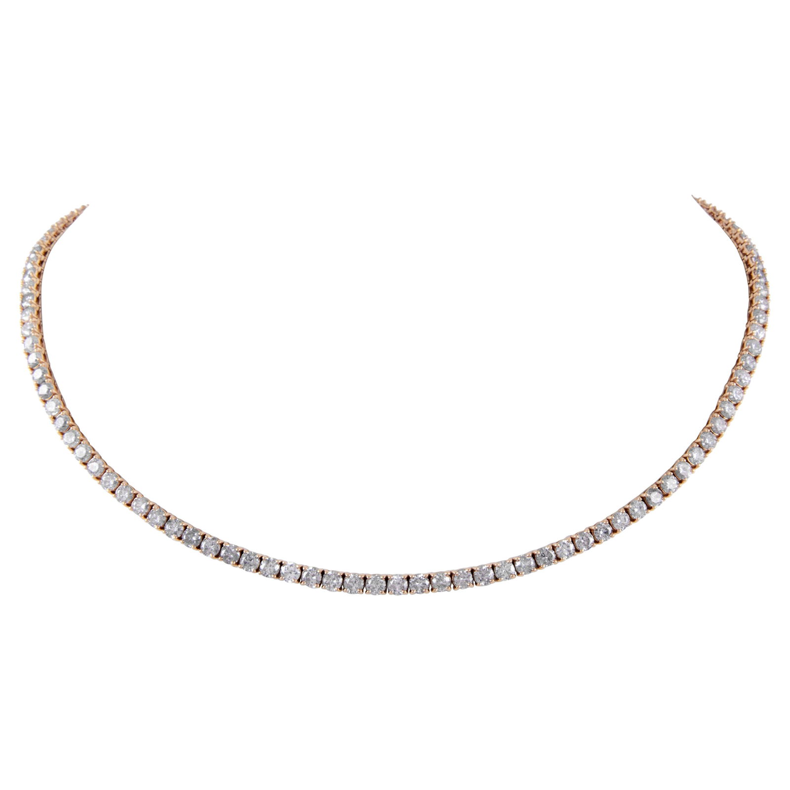 17.55ct Round Diamond Tennis Necklace in 14k Rose Gold: 17.55ct Round Diamond Tennis Necklace in 14k Rose Gold This stunning 17.55 ct Round Diamond Tennis Necklace is crafted in luxurious 14k rose gold, featuring 110 round brilliant diamonds that showcase