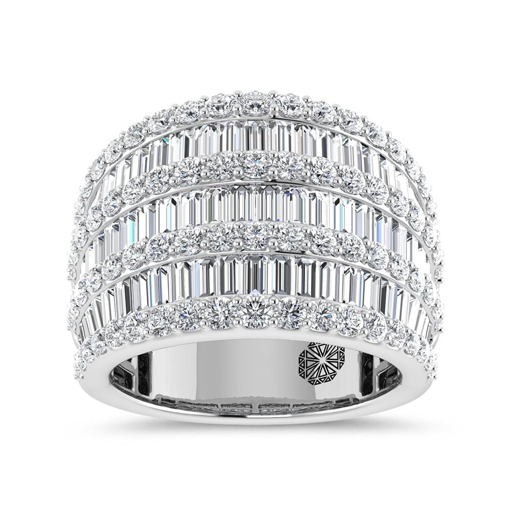 14K White Gold 3 Ct.Tw. Lab Grown Diamond Round and Baguette 3 Row Fashion Band: 14K White Gold 3 Ct.Tw. Lab Grown Diamond Round and Baguette 3 Row Fashion Band This striking 14K White Gold three-row fashion band is adorned with round and baguette lab grown diamonds totaling 3 Ct.