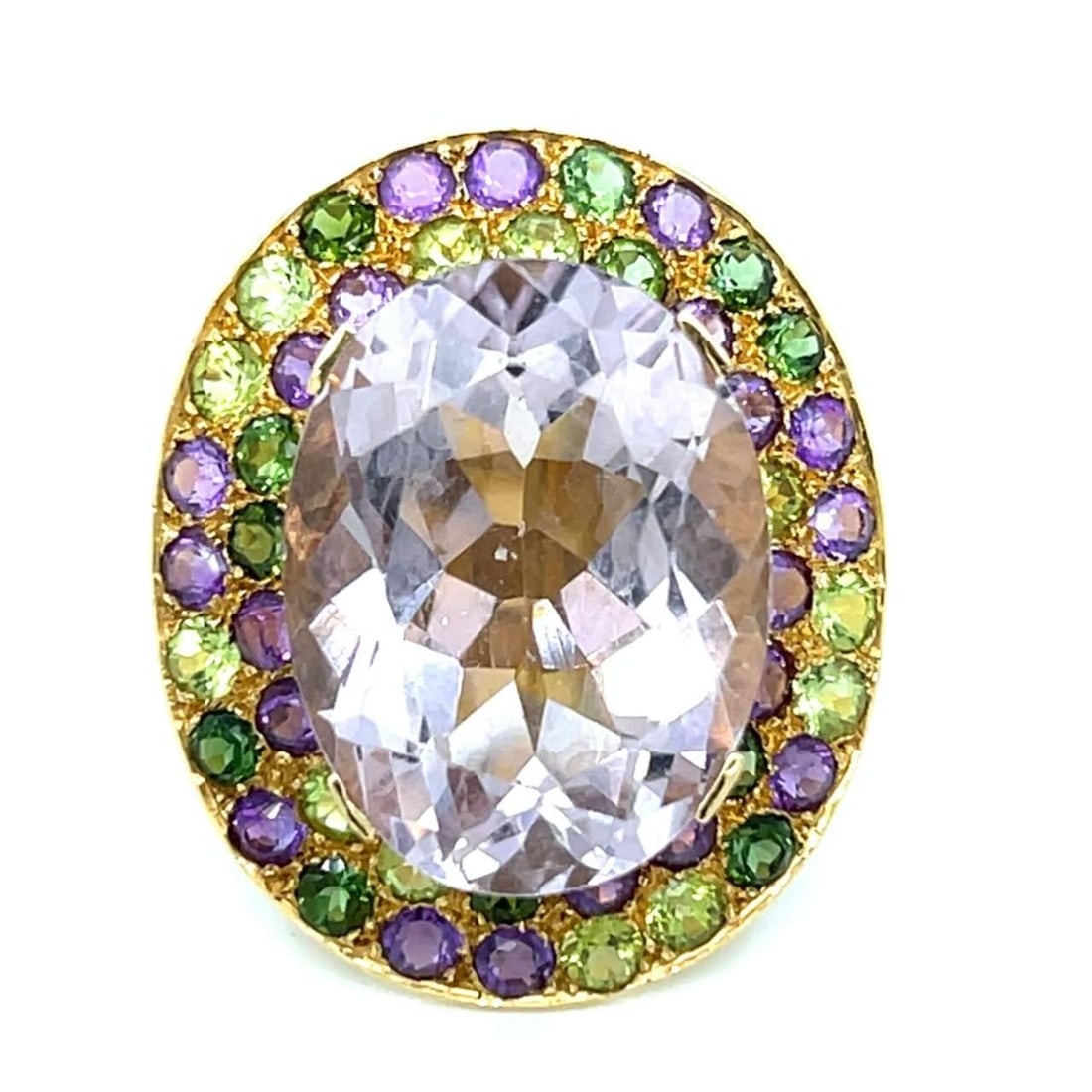 18K Yellow Gold Kunzite Ring with Semi-Precious Stones: 18K Yellow Gold Kunzite Ring with Semi-Precious Stones This stunning ring features an exquisite 18K yellow gold band adorned with a central kunzite gemstone weighing approximately 35.00 Ct. Surroundin