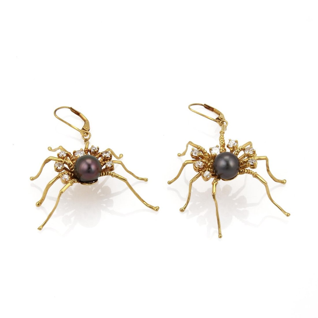 14k Yellow Gold Spider Earrings with 2ct Diamonds and Tahitian Pearls: 14k Yellow Gold Spider Earrings with 2ct Diamonds and Tahitian Pearls This stunning pair of earrings showcases intricate craftsmanship in 14k yellow gold with a polished finish. The design features lo