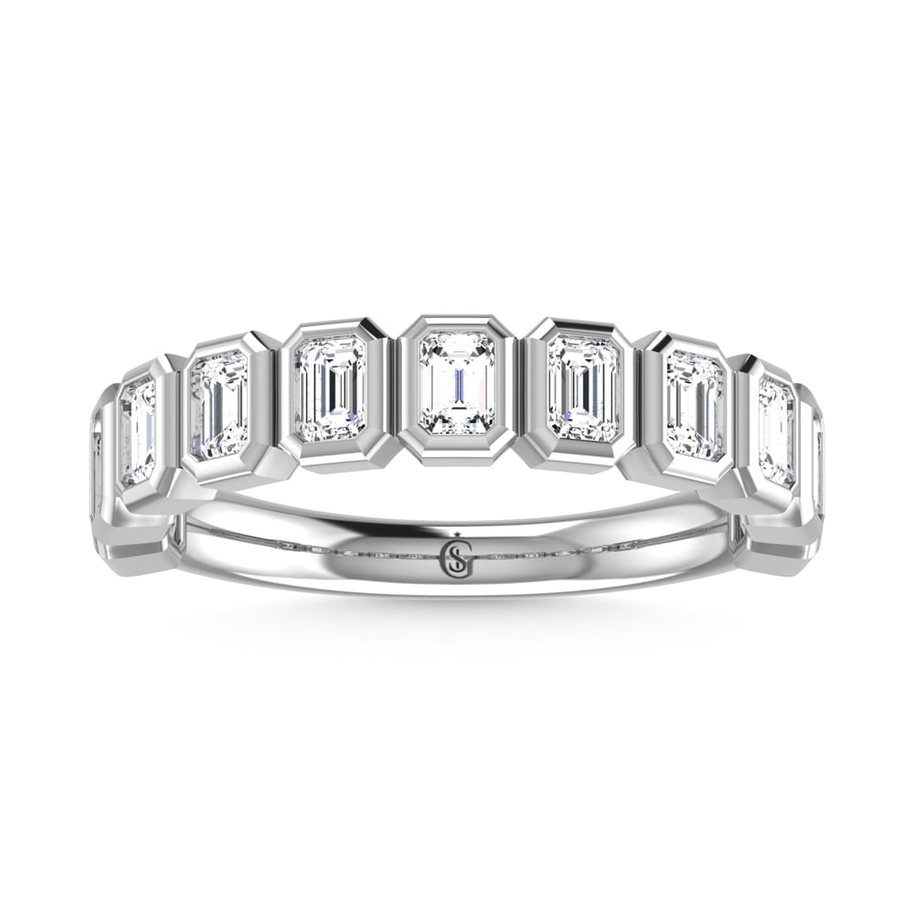 14K White Gold Lab Grown Diamond 1 1/3 Ct.Tw. Emerald Shape Halfway Bezel Wedding Band: 14K White Gold Lab Grown Diamond 1 1/3 Ct.Tw. Emerald Shape Halfway Bezel Wedding Band Indulge in sophistication with this 14K White Gold Bezel Wedding Band, showcasing 1 1/3 Ct.Tw. of stunning emeral