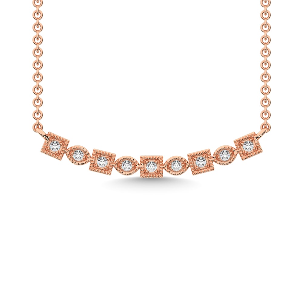 14K Rose Gold 1/6 Ct.Tw. Diamond Stackable Necklace: 14K Rose Gold 1/6 Ct.Tw. Diamond Stackable Necklace This Glamorous Necklace Is Available In 14K Rose Gold. There Are 9 Round Diamonds With A Total Carat Weight Of 1/6 Ct.Tw. Set In A Prong Setting. 14