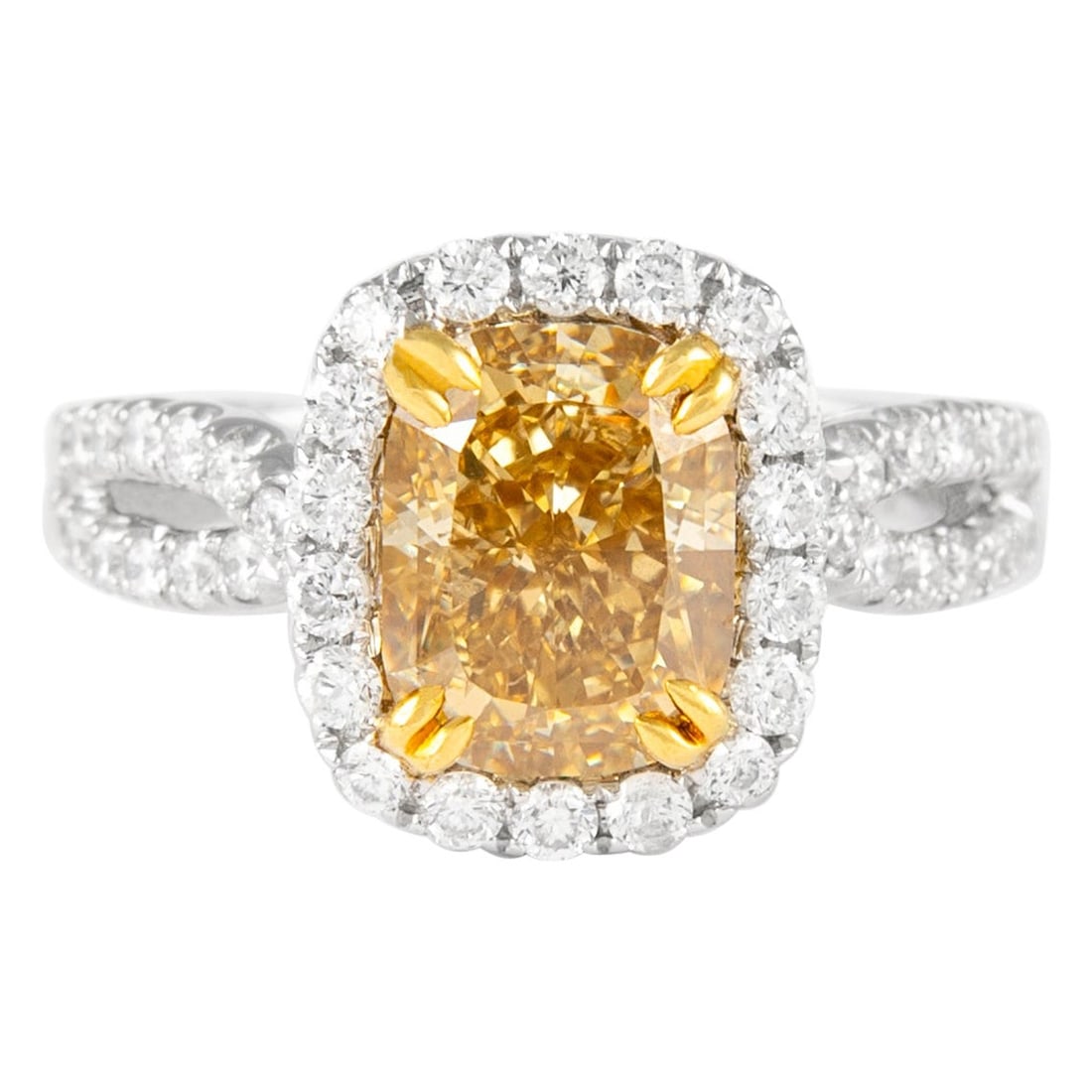 3.07ct Fancy Yellow VS2 Cushion Diamond Ring 18k Two-Tone: 3.07ct Fancy Yellow VS2 Cushion Diamond Ring 18k Two-Tone This exquisite 3.07 ct Fancy Yellow VS2 Cushion Diamond Ring showcases a stunning EGL certified yellow diamond set in a contemporary design. T