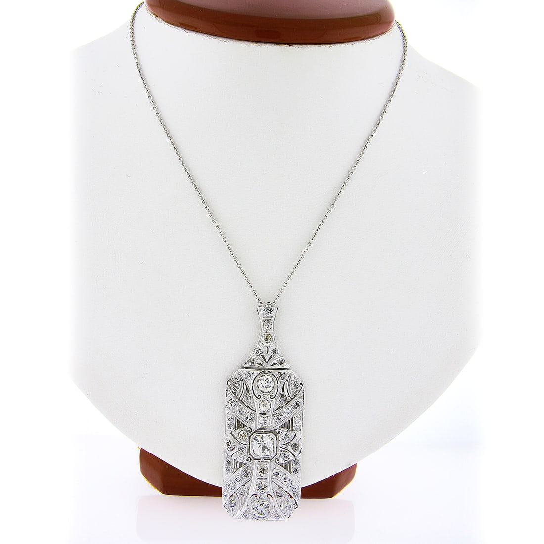 Antique Art Deco 4.37ct Diamond Pendant Necklace in Platinum 20in Chain: Antique Art Deco 4.37ct Diamond Pendant Necklace in Platinum 20in Chain This exquisite antique Art Deco pendant necklace features a stunning arrangement of old European cut diamonds, totaling approxim
