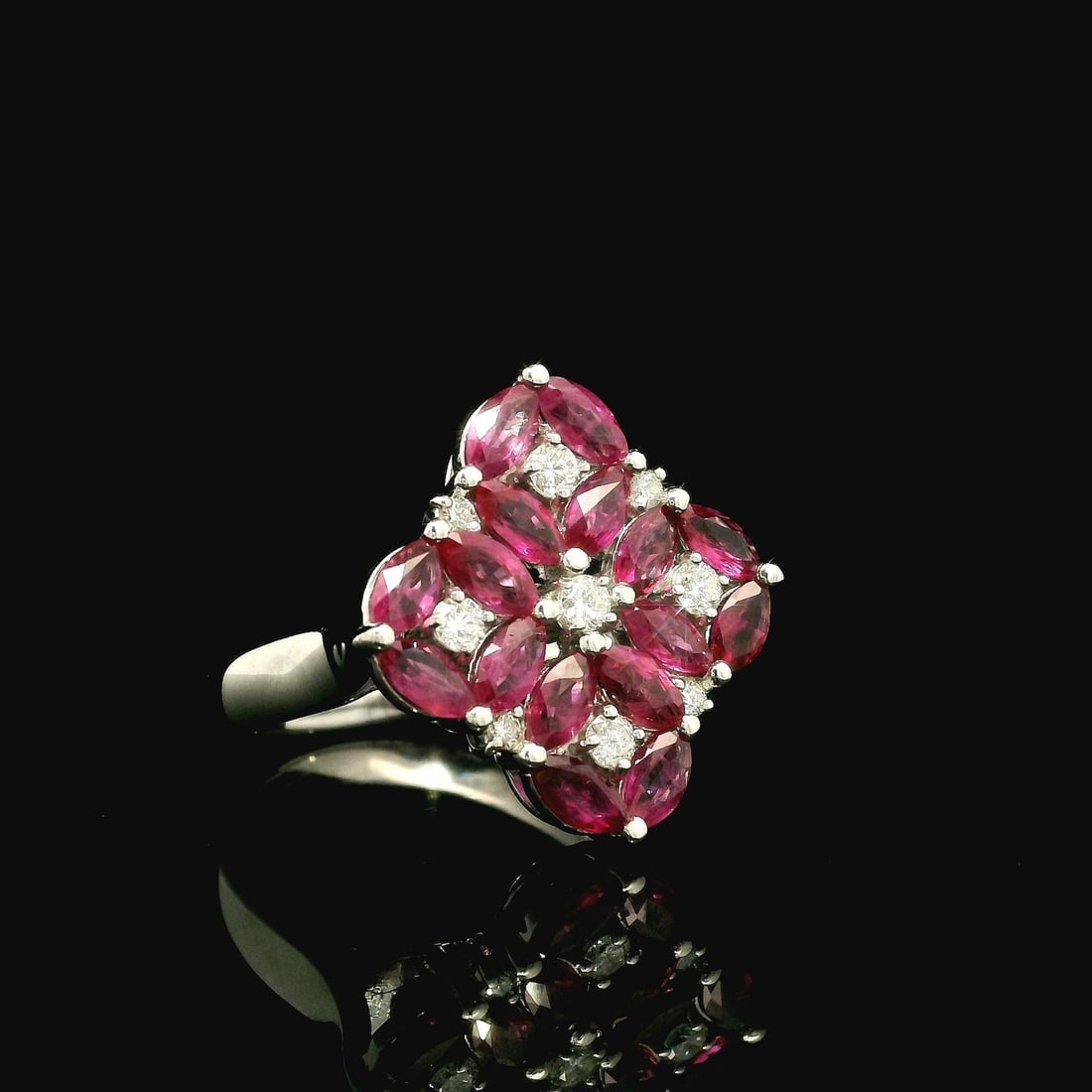 Platinum Statement Ring with Marquise Ruby and Diamond Clusters - 10