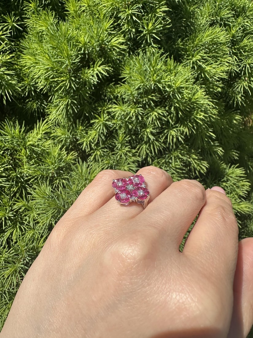 Platinum Statement Ring with Marquise Ruby and Diamond Clusters - 16