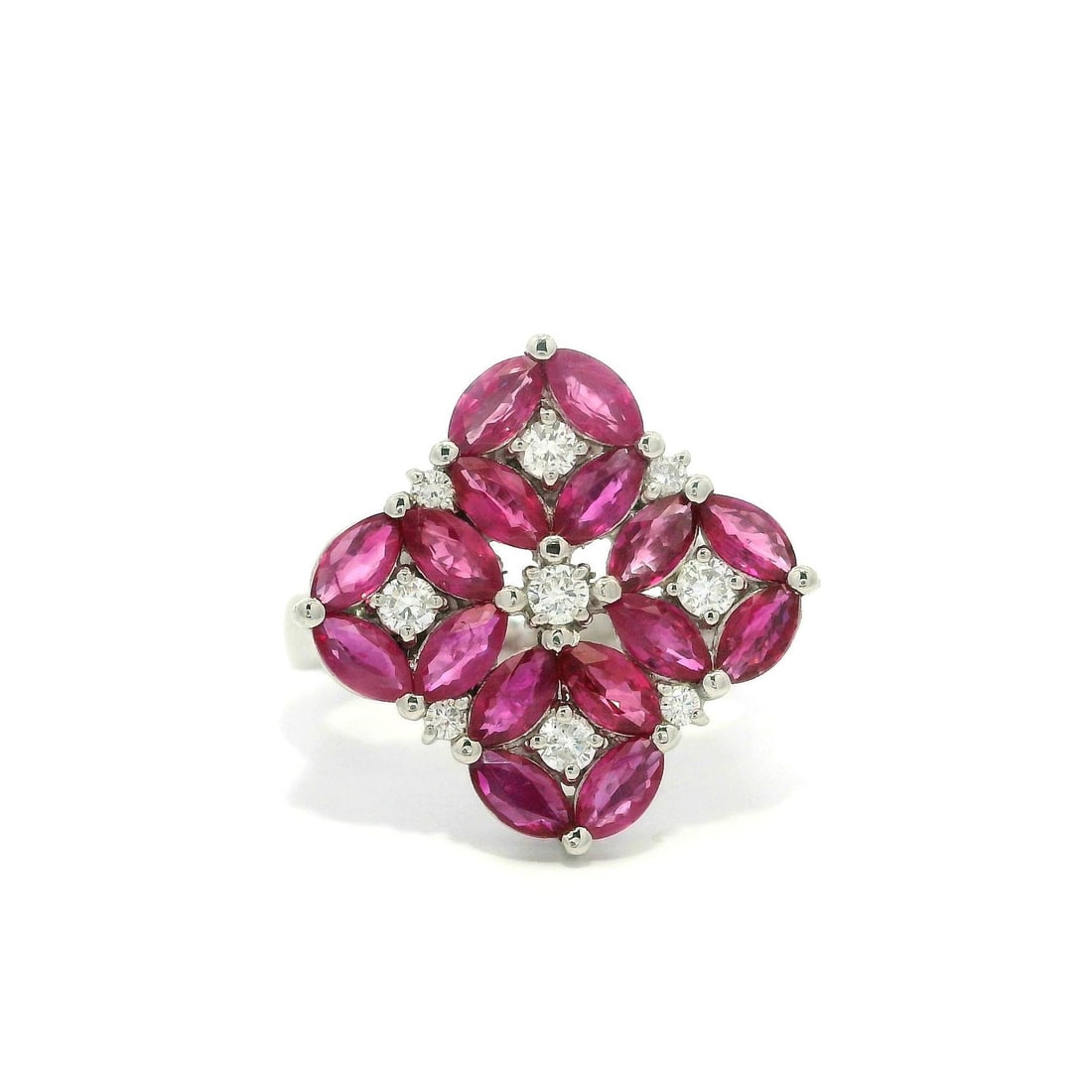 Platinum Statement Ring with Marquise Ruby and Diamond Clusters: Platinum Statement Ring with Marquise Ruby and Diamond Clusters Make a bold statement with this exquisite Platinum Marquise Ruby and Diamond Clusters Geometric Platter Statement Ring. Featuring a stun