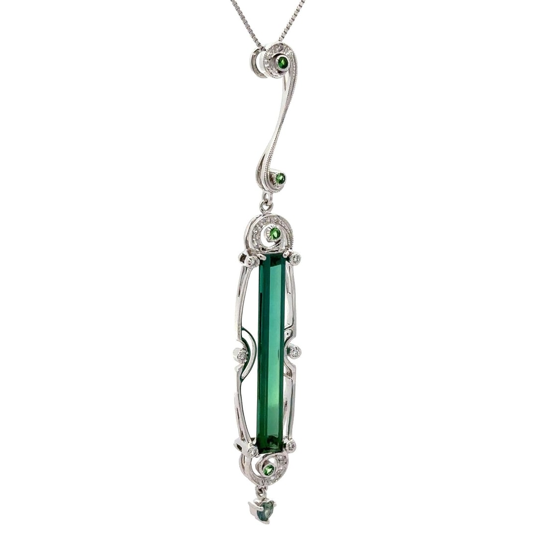 4.43ctw White Gold Tourmaline Diamond Sapphire Pendant Necklace: 4.43ctw White Gold Tourmaline Diamond Sapphire Pendant Necklace This exquisite pendant necklace features a stunning combination of colorful natural gemstones set in solid 17-18k white gold. The center