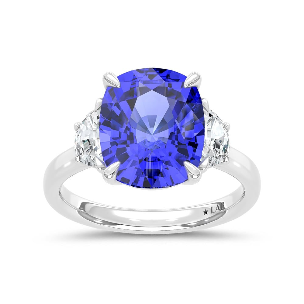 14K White Gold Lab Grown Diamond 6 Ct.Tw. Cushion Shape Recrystalized Blue sapphire Engagement Ring: 14K White Gold Lab Grown Diamond 6 Ct.Tw. Cushion Shape Recrystalized Blue sapphire Engagement Ring (Center 5 1/2 ct) Make a statement of elegance with this 14K white gold engagement ring, featuring a