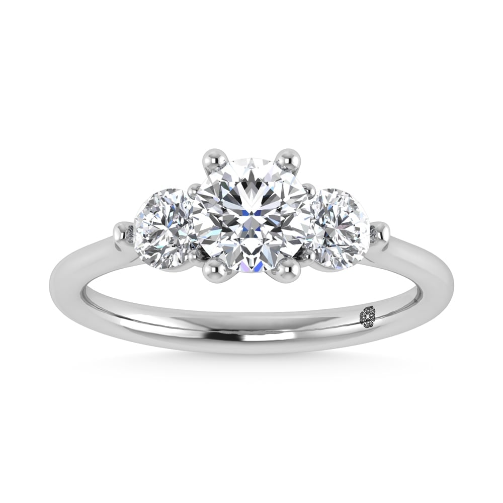 14K White Gold Lab Grown Diamond 1 1/4 Ct.Tw. Three Stone Ring (Center 3/4 ct): 14K White Gold Lab Grown Diamond 1 1/4 Ct.Tw. Three Stone Ring (Center 3/4 ct) This stunning three-stone ring features a sparkling 3/4 CT Round Center diamond with two shimmering side diamonds, symbol