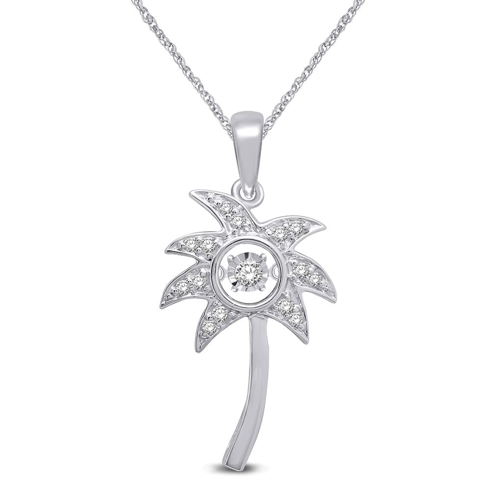 14K White Gold 1/8 Ct.tw Moving Diamond Sea Life Pendant: 14K White Gold 1/8 Ct.tw Moving Diamond Sea Life Pendant This Palm Tree Pendant Crafted In Sleek 14K White Gold And Features 1/8 Ct.Tw. Shiny Diamonds. The Center diamond glistens in a unique setting