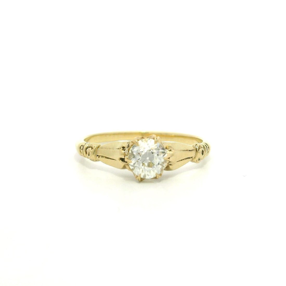 Victorian 14k Yellow Gold 0.56ct Diamond Solitaire Engagement Ring: Victorian 14k Yellow Gold 0.56ct Diamond Solitaire Engagement Ring This exquisite Antique Victorian engagement ring features a stunning 0.56ct Old European diamond, expertly claw prong set to enhance