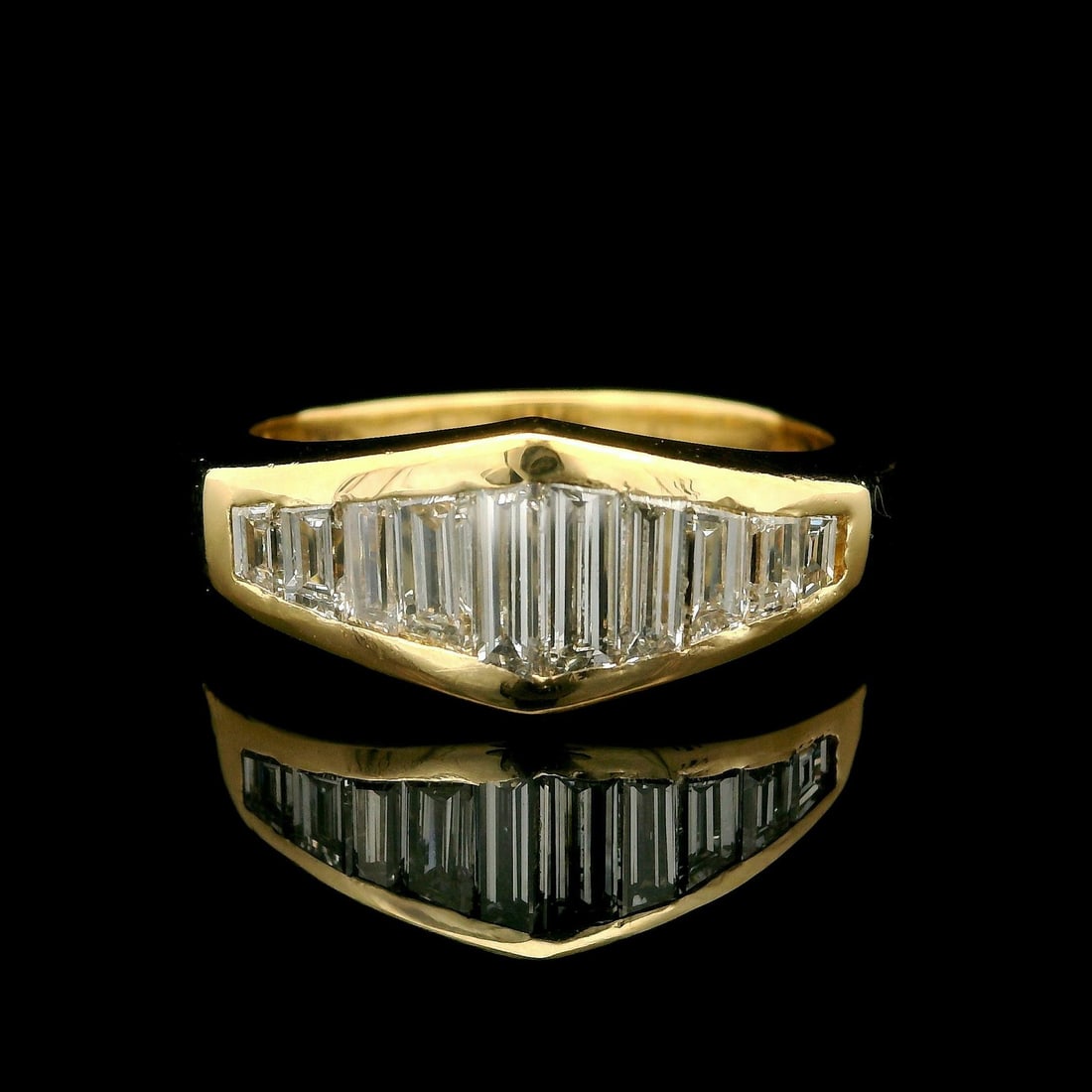 18k Yellow Gold Custom Cut Diamond Channel Band Ring 1.0ctw Size 6.5: 18k Yellow Gold Custom Cut Diamond Channel Band Ring 1.0ctw Size 6.5 This exquisite 18k Yellow Gold band ring features a stunning graduated channel set of ten natural genuine diamonds, cut in a custom