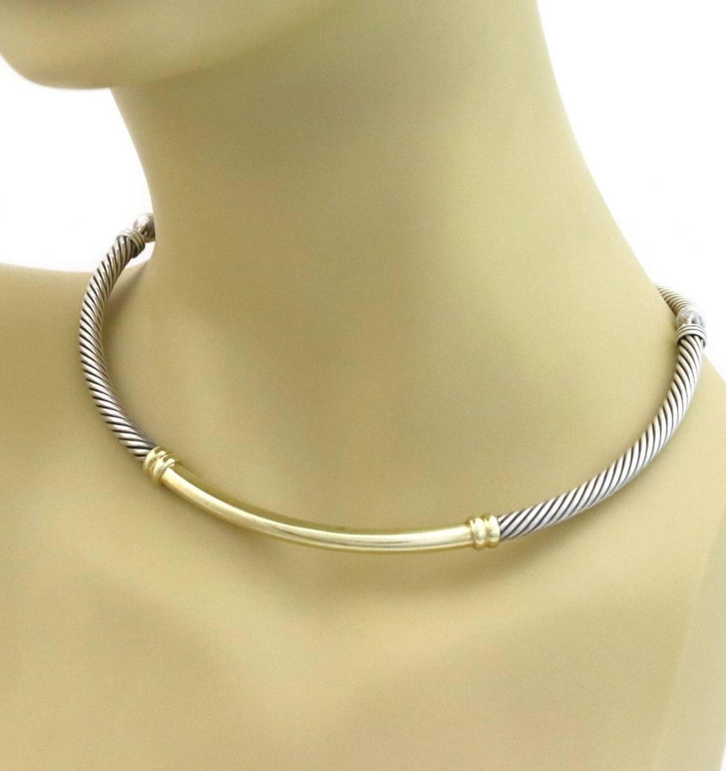 David Yurman 14k Yellow Gold Sterling Silver Cable Choker Necklace: David Yurman 14k Yellow Gold Sterling Silver Cable Choker Necklace Elevate your jewelry collection with this exquisite David Yurman Cable Necklace. This authentic designer piece features a stunning bl