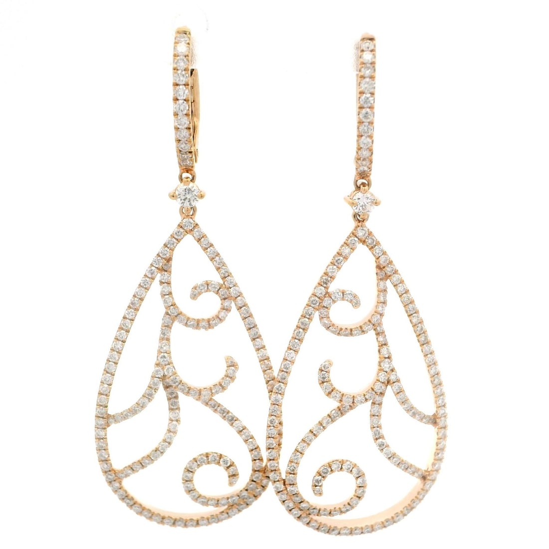 Elegant 18k Rose Gold 3.0ctw Diamond Dangle Teardrop Earrings: Elegant 18k Rose Gold 3.0ctw Diamond Dangle Teardrop Earrings Elevate your style with these exquisite 18k rose gold long earrings, featuring a stunning open teardrop design. Each earring is adorned wi