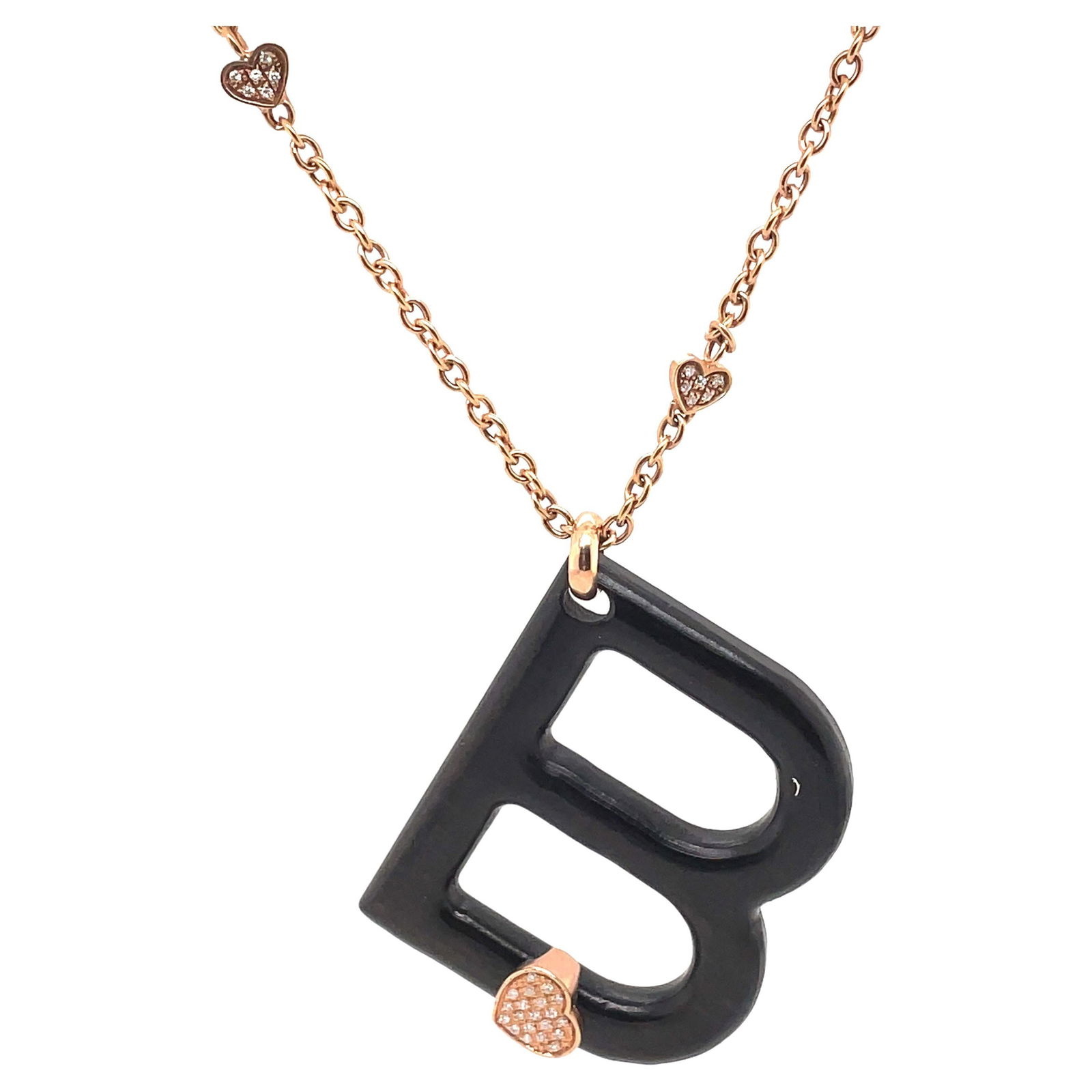 Unique 18k Rose Gold Diamond Mahogany B Pendant Necklace: Unique 18k Rose Gold Diamond Mahogany B Pendant Necklace This exquisite Diamond & Mahogany B Pendant Necklace is crafted from luxurious 18k rose gold and features a unique design that combines eleganc