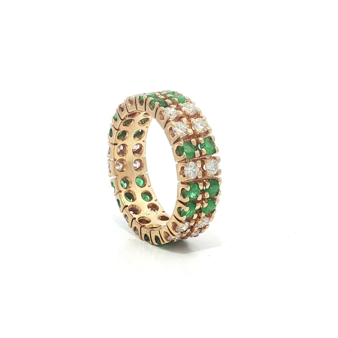 18k Yellow Gold 1.95ctw Emerald Diamond Eternity Band Ring 5.9mm Wide: 18k Yellow Gold 1.95ctw Emerald Diamond Eternity Band Ring 5.9mm Wide This stunning 18k yellow gold eternity band ring features a vibrant array of natural emeralds and diamonds. The ring showcases two