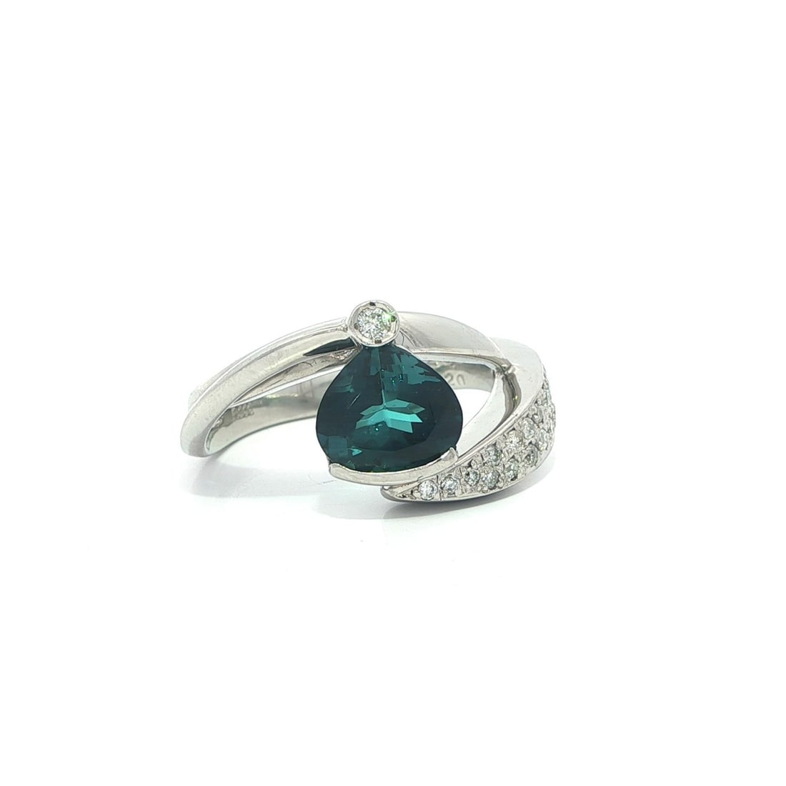 Platinum Ring with GIA Indicolite Tourmaline and Diamond Accents: Platinum Ring with GIA Indicolite Tourmaline and Diamond Accents This platinum wrap by-pass band ring features a natural Indicolite tourmaline with a striking electric green-blue color, certified by G