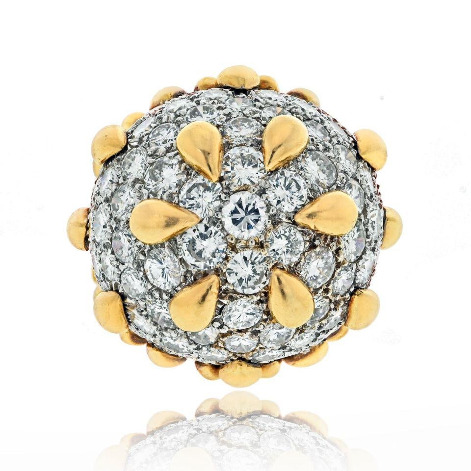 David Webb 18K Yellow Gold Platinum Diamond Pave Dome Ring 10 Cts: David Webb 18K Yellow Gold Platinum Diamond Pave Dome Ring 10 Cts This exquisite David Webb cocktail ring showcases a stunning dome design, expertly crafted from both platinum and 18K yellow gold. The