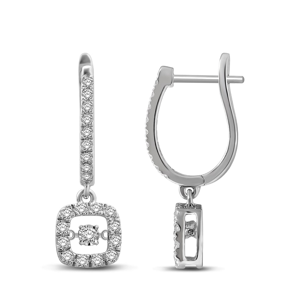 14K White Gold 5/8 Ct.Tw. Moving Diamond Danglers Earrings: 14K White Gold 5/8 Ct.Tw. Moving Diamond Danglers Earrings These beautiful Earrings are available in 14K White Gold. There are 38 round diamonds with a total carat weight of 5/8 Ct.Tw. set in a prong