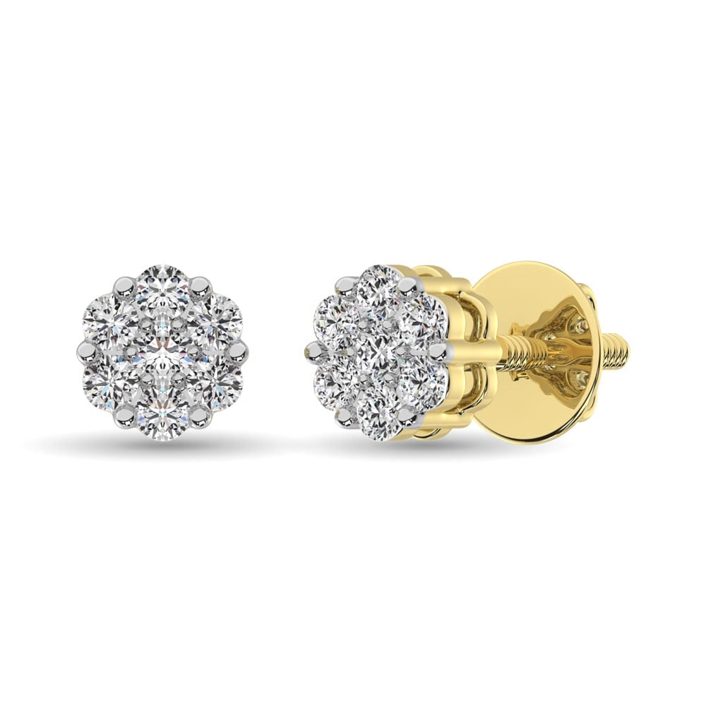 14K Yellow Gold 3/4 Ct.Tw. Diamond Flower Studs Earrings: 14K Yellow Gold 3/4 Ct.Tw. Diamond Flower Studs Earrings These Stud Earrings Fashioned In 14K Yellow Gold, Each Earrings Features A Round Diamond Center Stone Surrounded By A Shimmering Frame Of Round