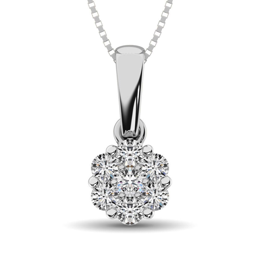 14K White Gold 1/2 Ct.Tw. Diamond Flower Pendant: 14K White Gold 1/2 Ct.Tw. Diamond Flower Pendant This Dazzling Flower Pendant Is Adorned With 1/2 Ct.Tw. Diamonds. Crafted Of 14K White Gold And This Piece Will Add Elegance To Your Ensemble. 14k Whit