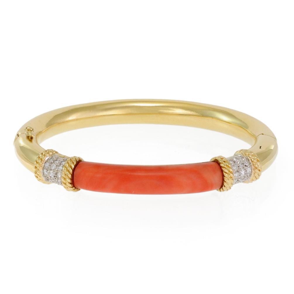 Vintage 18k Yellow Gold Coral Diamond Bangle with Hinge Clasp (1 of 5)