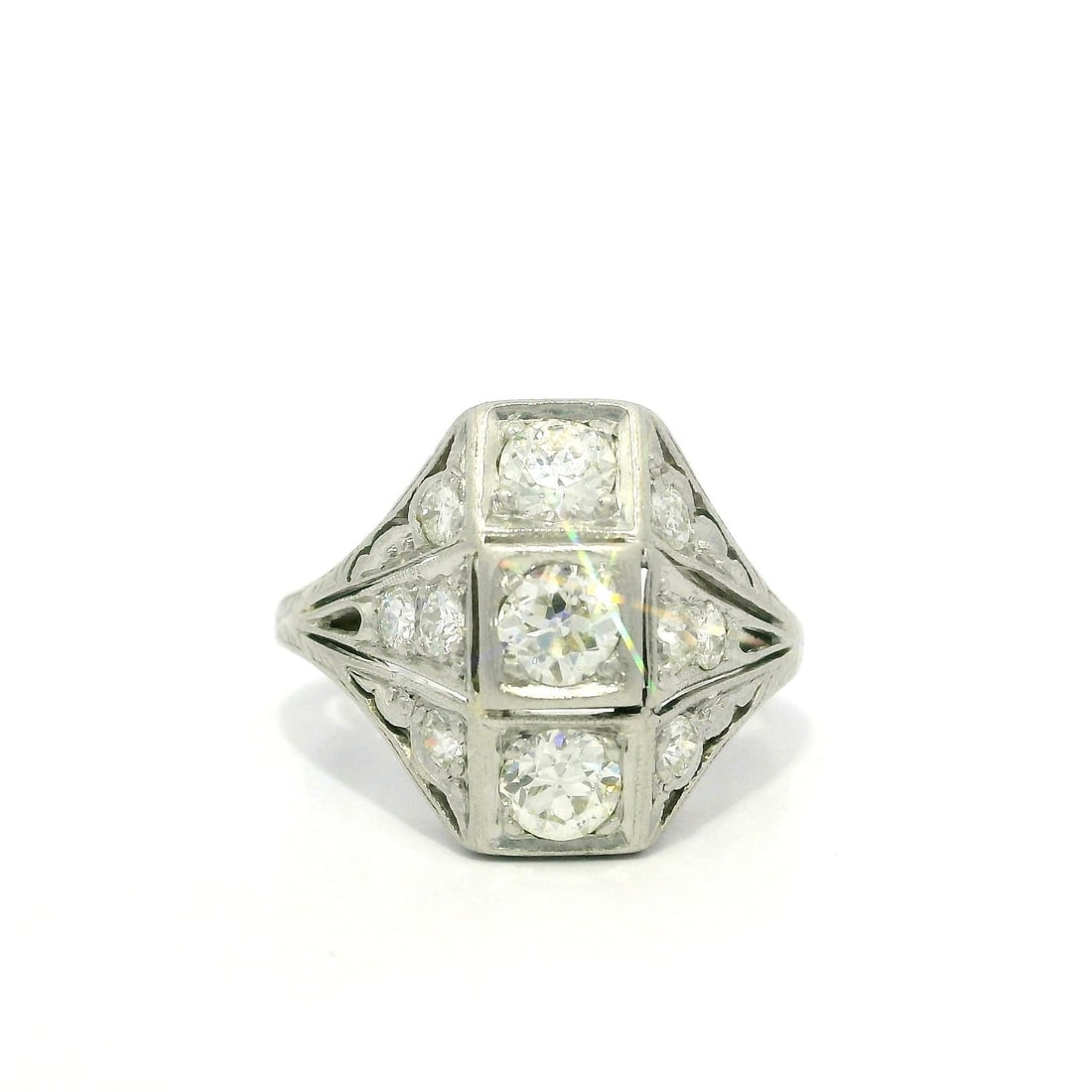 Antique Edwardian Platinum 0.76ctw Old Cut Diamond Stack Ring: Antique Edwardian Platinum 0.76ctw Old Cut Diamond Stack Ring This exquisite Antique Edwardian Dinner Ring features a stack look design, elegantly crafted in solid .750+ platinum with white gold accen