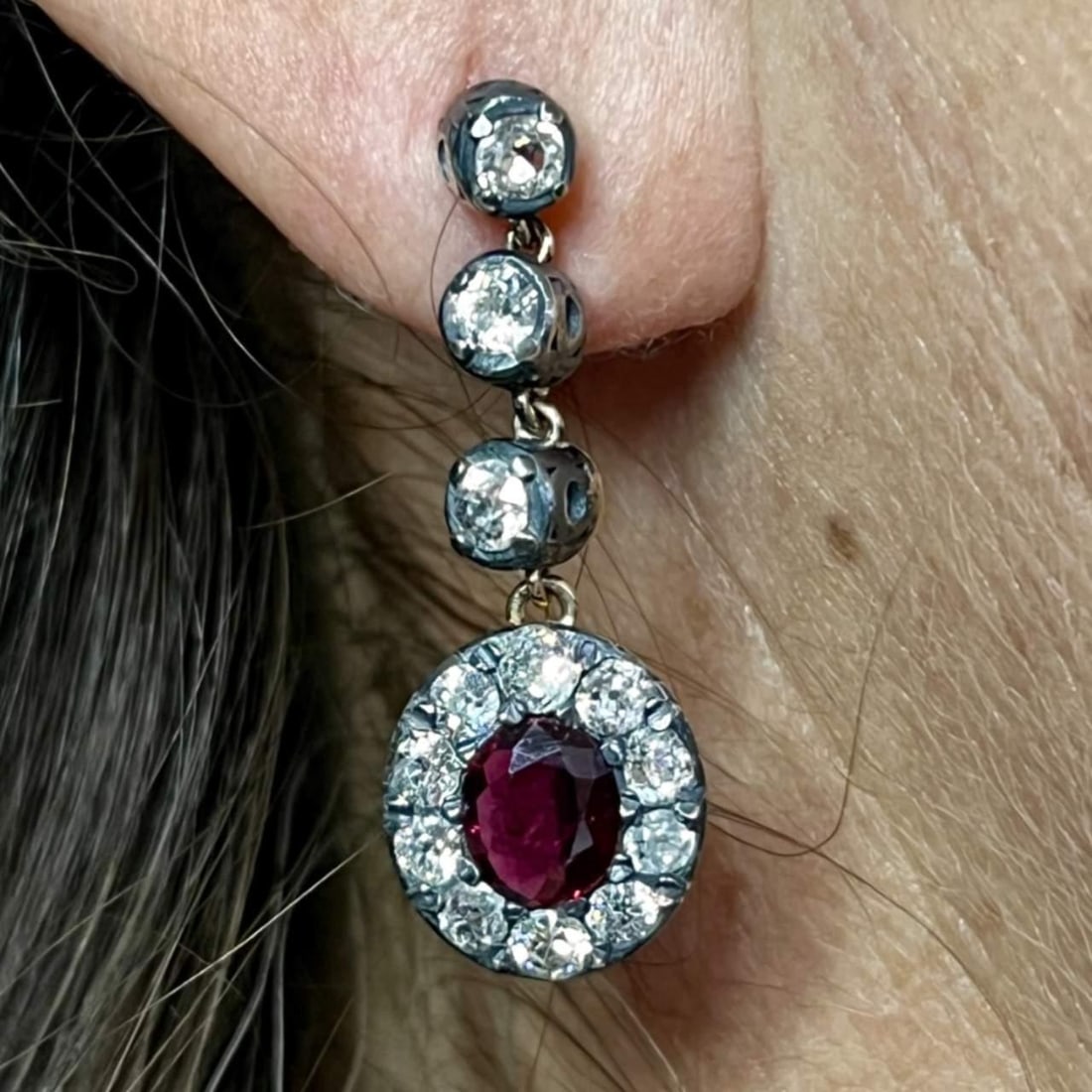 Stunning 18K Gold Silver Ruby Diamond Earrings 1.25 Inches: Stunning 18K Gold Silver Ruby Diamond Earrings 1.25 Inches Elevate your jewelry collection with these stunning 18K Yellow Gold and Silver Top Ruby and Diamond Earrings. Crafted with meticulous attenti