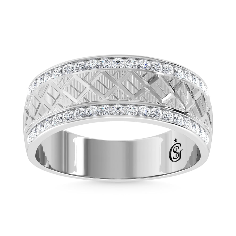 14KT 1/2CT MACHINE GENTS MACHINE CREATIVE BAND: 14KT 1/2CT MACHINE GENTS MACHINE CREATIVE BAND 14k White Gold Stone Color: G-h Stone Clarity: Si2 This item may take 2-5 weeks for shipping. PLEASE NOTE: Framed, Large, or heavy items do not have ship