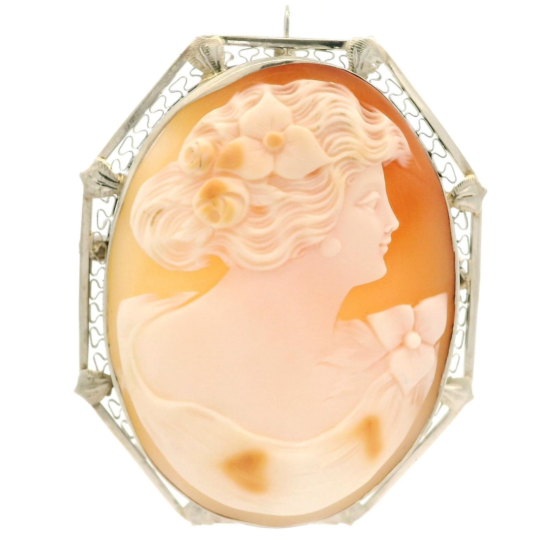 Antique Art Deco White Gold Cameo Brooch Pendant 12k-14k: Antique Art Deco White Gold Cameo Brooch Pendant 12k-14k This exquisite Antique Art Deco brooch features a large carved cameo set in a classic frame, crafted from 12k-14k white gold. The brooch showca