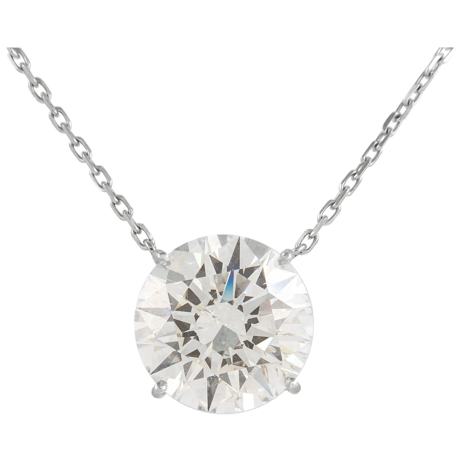 Diamond Solitaire Pendant 8.43 ct 18k White Gold EGL Certified: Diamond Solitaire Pendant 8.43 ct 18k White Gold EGL Certified This exquisite pendant necklace features a stunning 8.43 carat round brilliant cut diamond, certified by EGL with a J color grade and SI2
