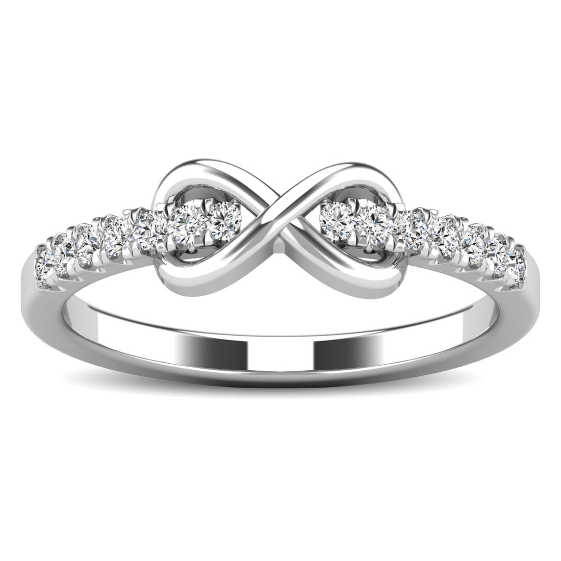 10K White Gold 1/4 Ct.tw Diamond Infinity Ring: 10K White Gold 1/4 Ct.tw Diamond Infinity Ring This glamorous ring is available in 10K White Gold. There are 14 round diamonds with a total carat weight of 1/4 Ct.Tw. set in a prong setting. 10k White