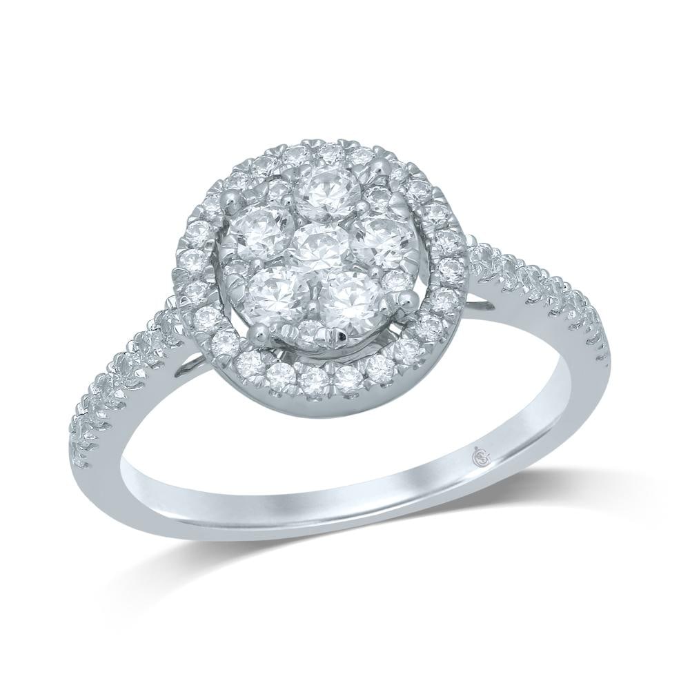 14K White Gold 3/4 Ct.Tw. Diamond Engagement Ring: 14K White Gold 3/4 Ct.Tw. Diamond Engagement Ring This stunning ring is available in 14K White Gold. There are 49 round diamonds with a total carat weight of 3/4Ct.Tw. set in a invisible prong / micro