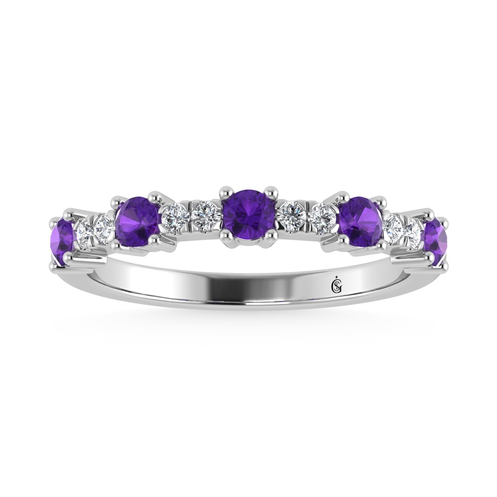 14K White Gold Diamond 1/2 Ct. Tw. Alternate Diamond and Amythyst Stackable Band: 14K White Gold Diamond 1/2 Ct. Tw. Alternate Diamond and Amythyst Stackable Band 14k White Gold Stone Color: G-h Stone Clarity: Si3 This item may take 2-5 weeks for shipping. PLEASE NOTE: Framed, Larg