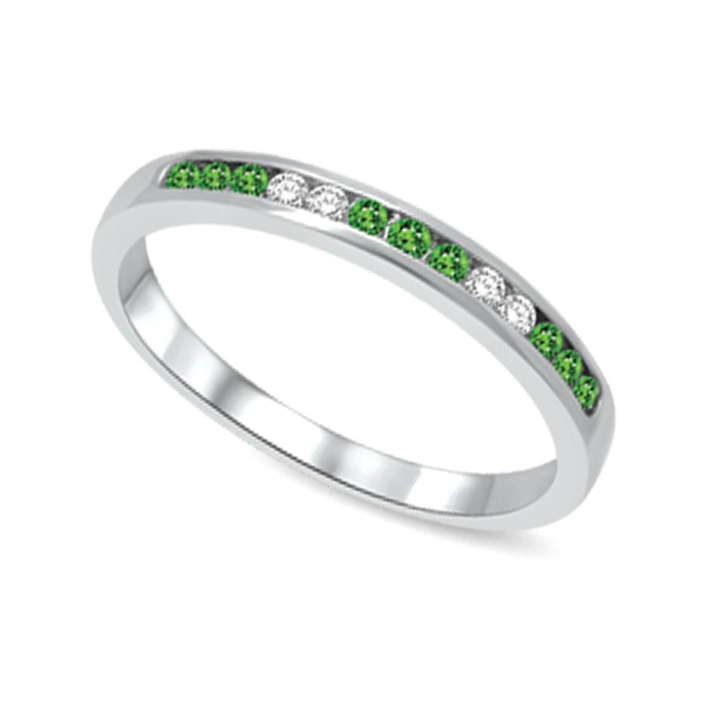 14K White Gold 1/6 Ct.tw Tsavorite & Diamond Machine Band: 14K White Gold 1/6 Ct.tw Tsavorite & Diamond Machine Band 14K White Gold Machine Band Set with 9 round cut 1/6 Ct.Tw. Tsavorite and 4 diamonds in channel setting. 14k White Gold Stone Color: Gh Stone