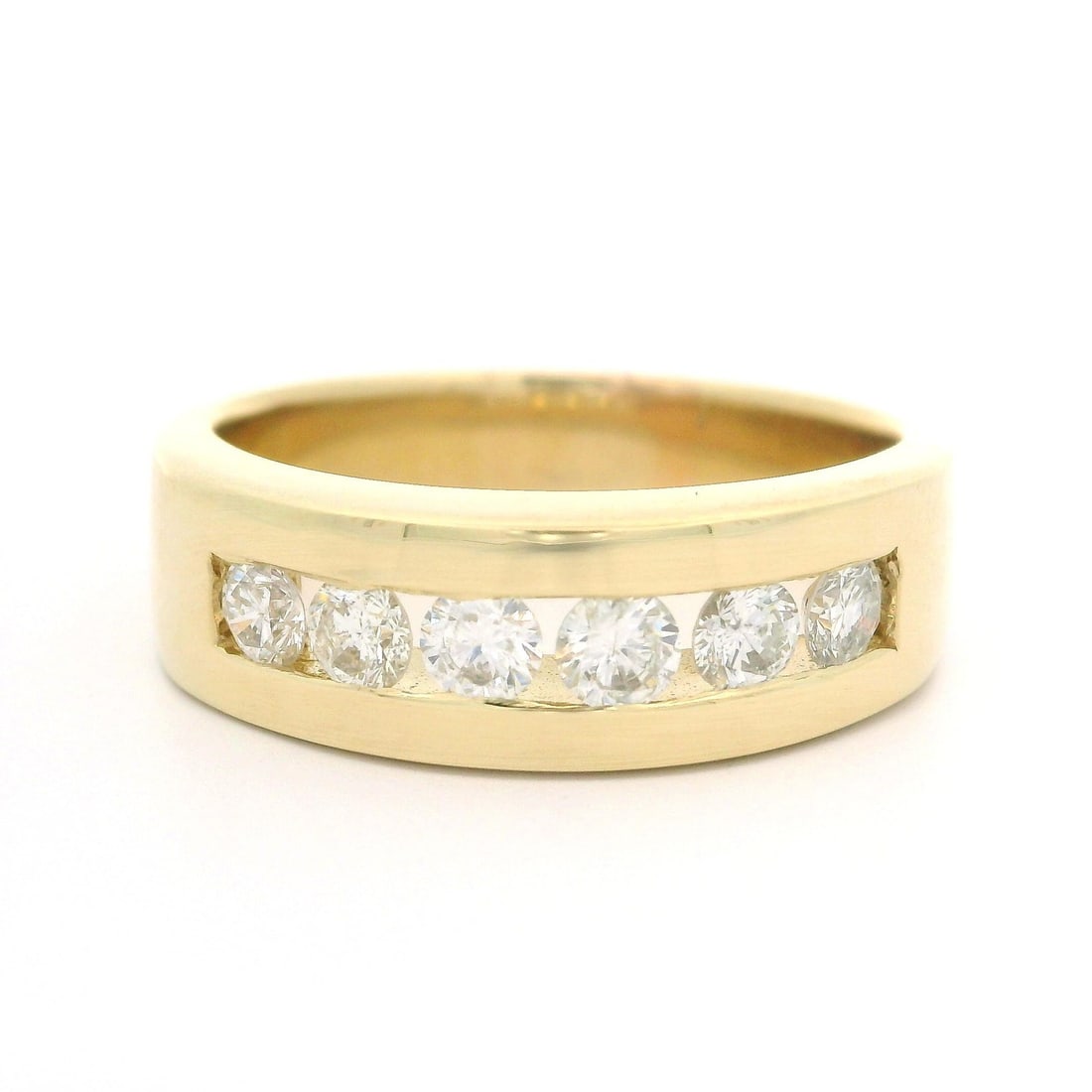 Men's 14k Yellow Gold Floating Wide Band Ring with 0.90ctw Diamonds: Men's 14k Yellow Gold Floating Wide Band Ring with 0.90ctw Diamonds This Men's Wide Band Ring showcases a stunning design crafted from solid 14k yellow gold, featuring a total of six natural genuine r