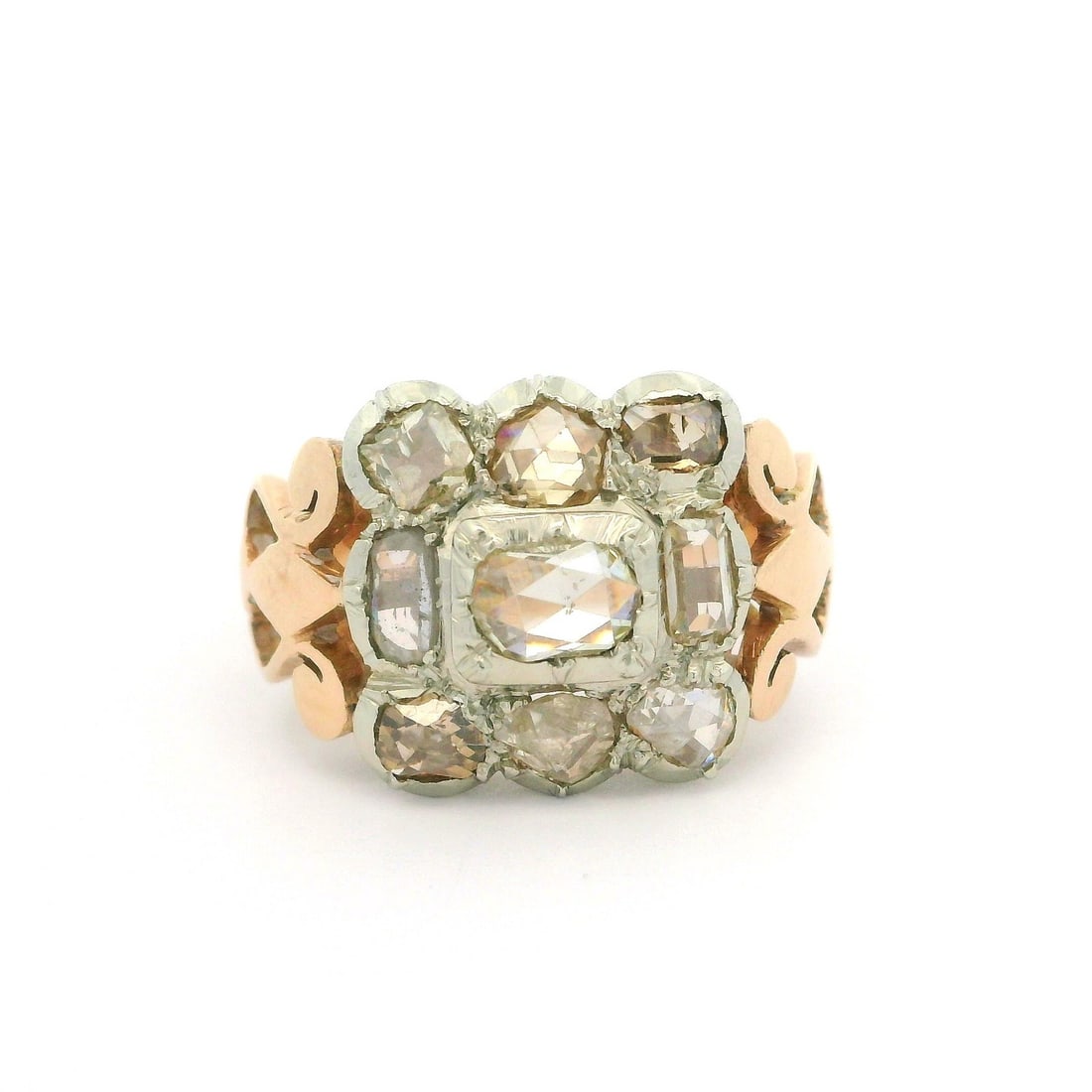 Rose Cut Diamond 14k Yellow and White Gold Antique Cocktail Statement Ring 1.50ctw: Rose Cut Diamond 14k Yellow and White Gold Antique Cocktail Statement Ring 1.50ctw This antique cocktail ring features a large platter design crafted from 14k yellow and white gold. The ring is set wi