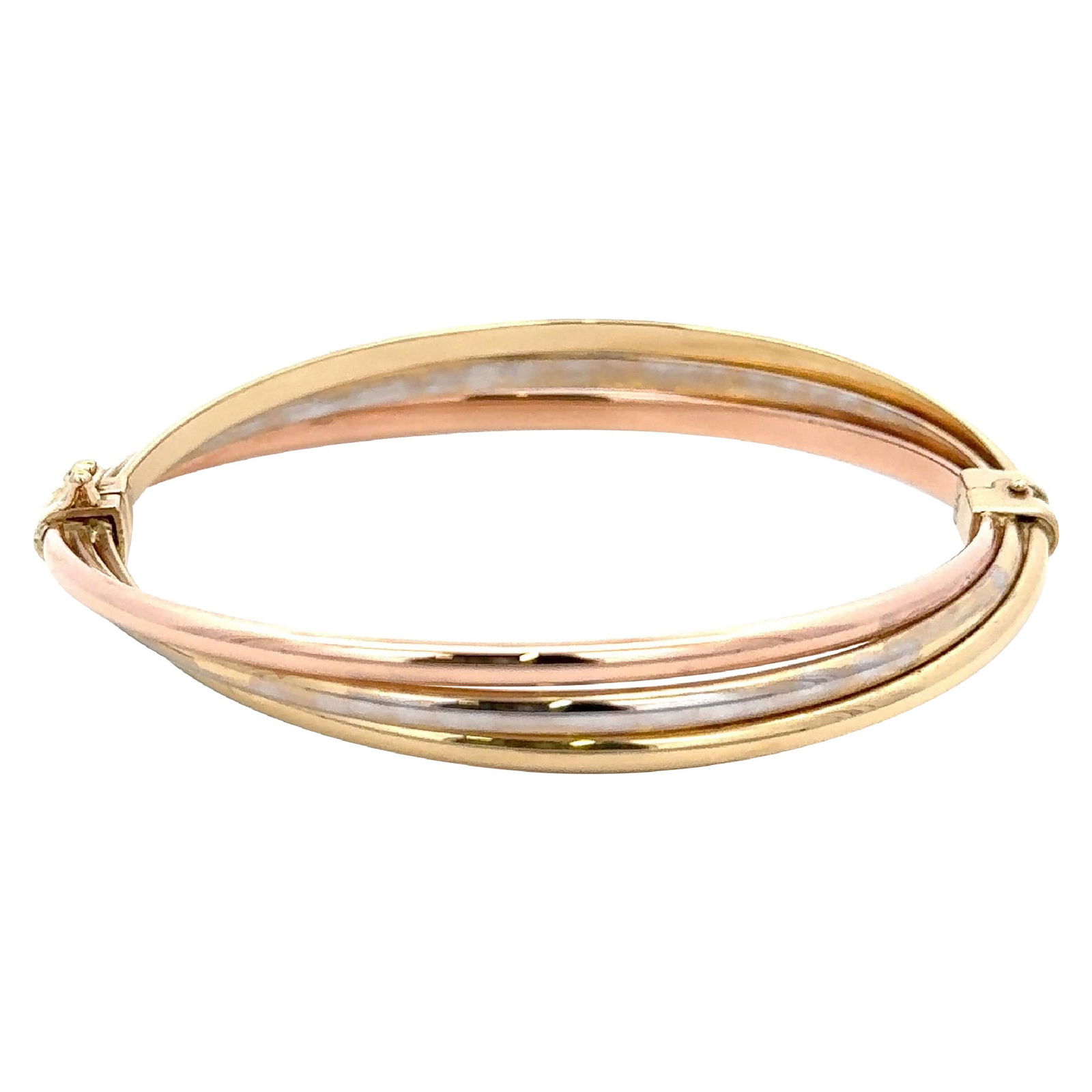 14K Tri-Color Rolling Bangle Bracelet in Yellow White Rose Gold 10.7g: 14K Tri-Color Rolling Bangle Bracelet in Yellow White Rose Gold 10.7g This elegant tri-color twist bangle bracelet features interwoven bands of solid 14K yellow, white, and rose gold. Showcasing a con