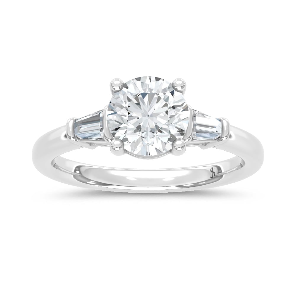 14K White Gold Lab Grown Diamond 1 5/8 Ct.Tw. Round and Tapper Three Stone Ring: 14K White Gold Lab Grown Diamond 1 5/8 Ct.Tw. Round and Tapper Three Stone Ring This stunning three-stone ring features a sparkling 1 1/2 CT Round Center diamond with two shimmering side diamonds, sym