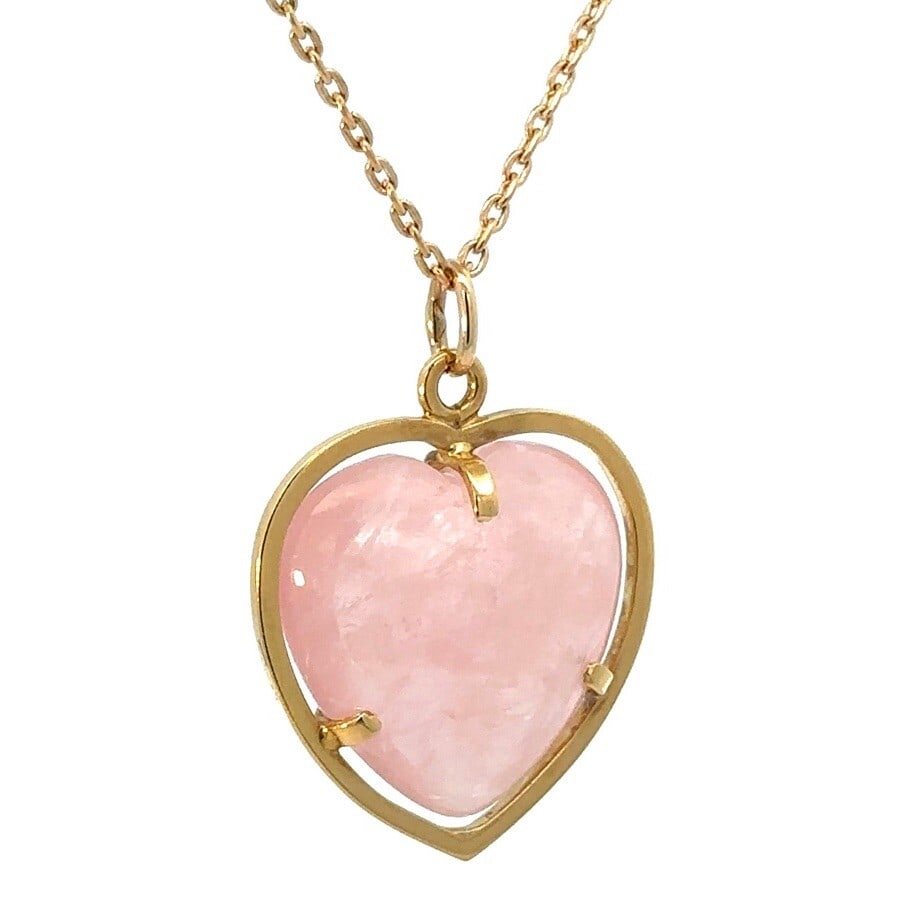 Estate 18K Yellow Gold Heart Pendant with Natural Rose Quartz Necklace: Estate 18K Yellow Gold Heart Pendant with Natural Rose Quartz Necklace This exquisite estate pendant features a stunning heart design crafted from solid 18K yellow gold. The centerpiece is a natural g