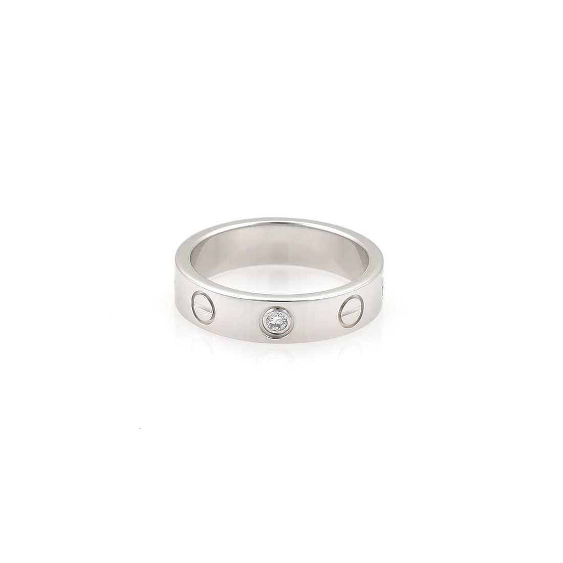 Cartier Mini Love Ring 18k White Gold 1 Diamond Size 47-US 4: Cartier Mini Love Ring 18k White Gold 1 Diamond Size 47-US 4 Discover the elegance of the Cartier Mini Love Ring, a distinguished piece from the iconic MINI LOVE collection. Expertly crafted from 18k