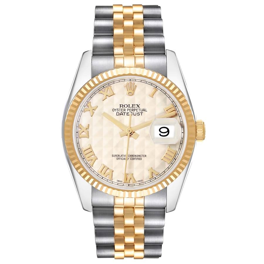 Ivory Pyramid Roman Dial Datejust Watch D Link Jubilee Ref 116233: Ivory Pyramid Roman Dial Datejust Watch D Link Jubilee Ref 116233 This is a men's Rolex Datejust watch featuring an ivory pyramid Roman dial and a fluted bezel. The watch is equipped with a D-Link Jub