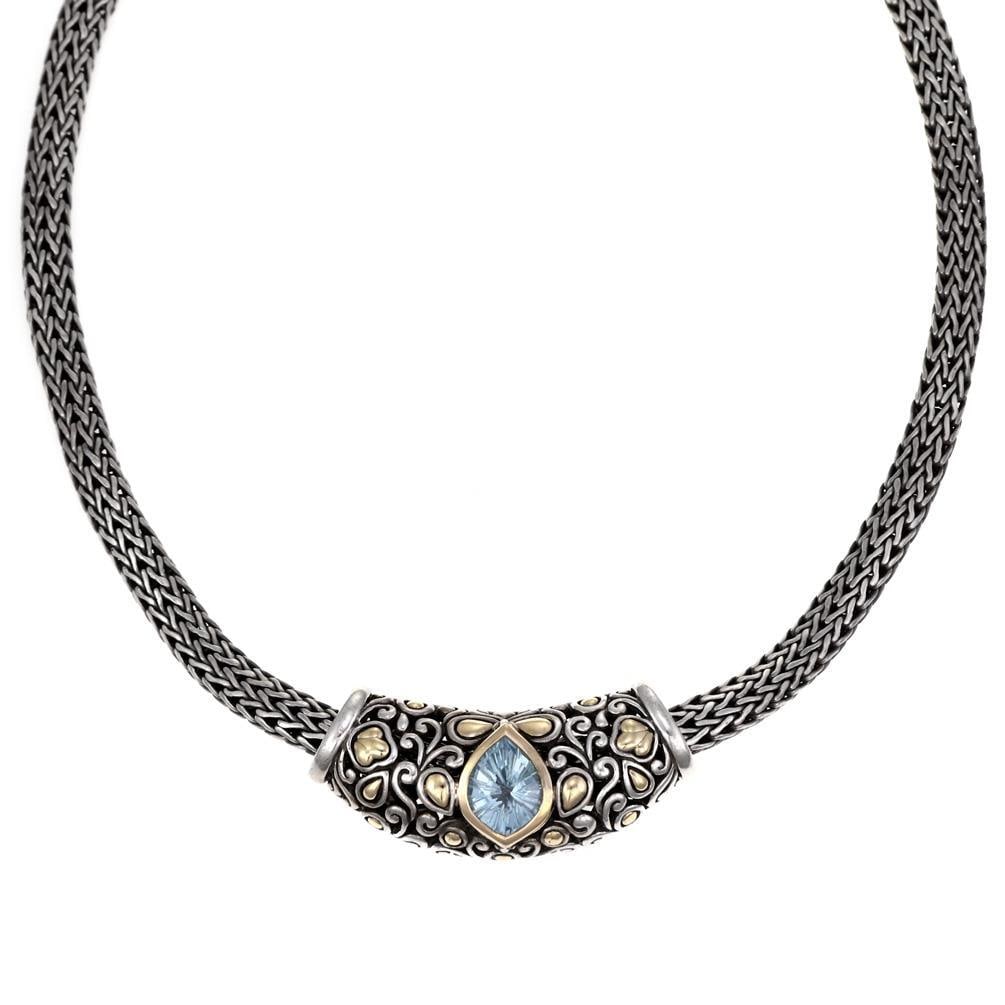 John Hardy Jaisalmer 925 Silver 18k Gold Pendant Necklace with Blue Topaz: John Hardy Jaisalmer 925 Silver 18k Gold Pendant Necklace with Blue Topaz Discover the elegance of this authentic John Hardy necklace from the Jaisalmer collection, expertly crafted from sterling silv