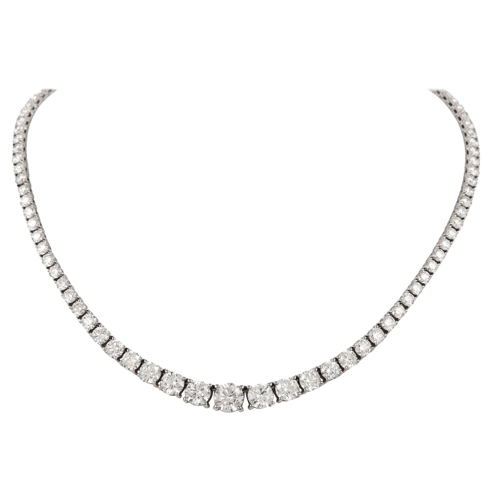 GIA Certified 22.38ct Diamond Tennis Necklace 18k White Gold: GIA Certified 22.38ct Diamond Tennis Necklace 18k White Gold This exquisite diamond tennis riviera necklace features a stunning arrangement of 99 round brilliant diamonds totaling 22.38 carats. Set in