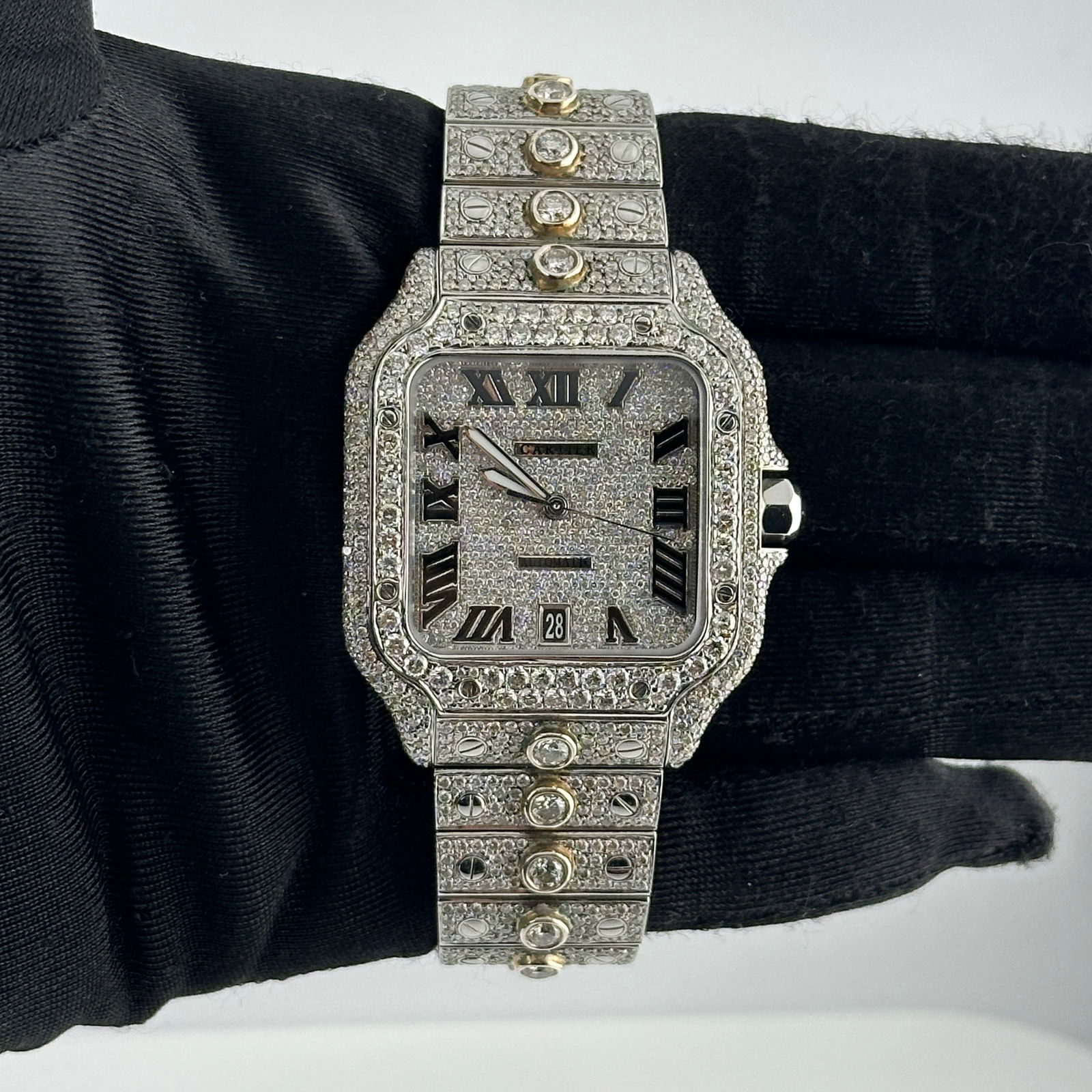 Santos Ref 4072 Men's Watch with Iced Out Roman Dial and Bracelet: Santos Ref 4072 Men's Watch with Iced Out Roman Dial and Bracelet This is a men's Cartier Santos watch, reference number 4072, featuring an iced out Roman dial, an iced out bezel, and an iced out brac