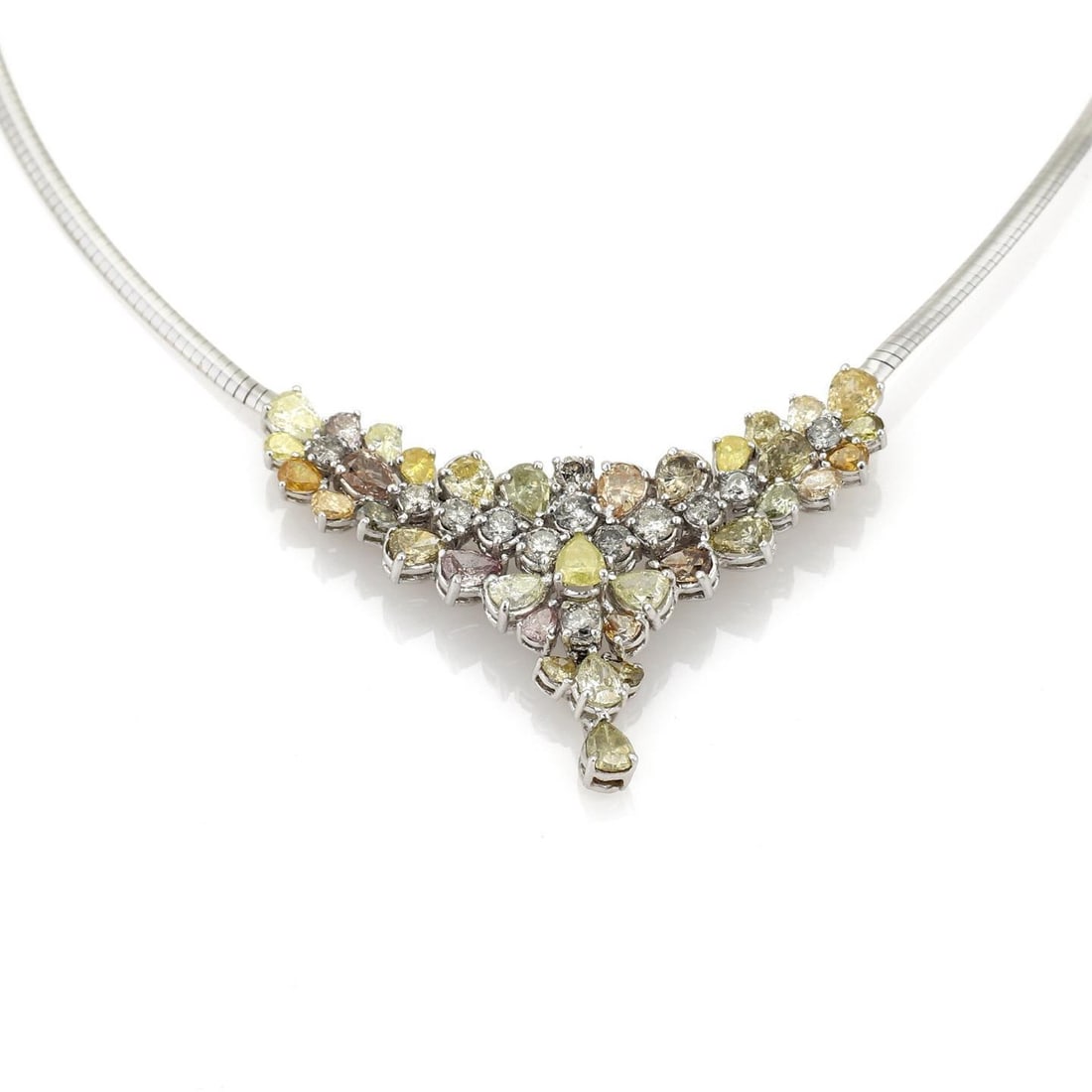 Stunning 9 Carat Multicolor Diamond Pendant in 18k White Gold: Stunning 9 Carat Multicolor Diamond Pendant in 18k White Gold This exquisite necklace features a stunning array of pear-shaped multicolor natural diamonds nestled in a V-shaped centerpiece, showcasing